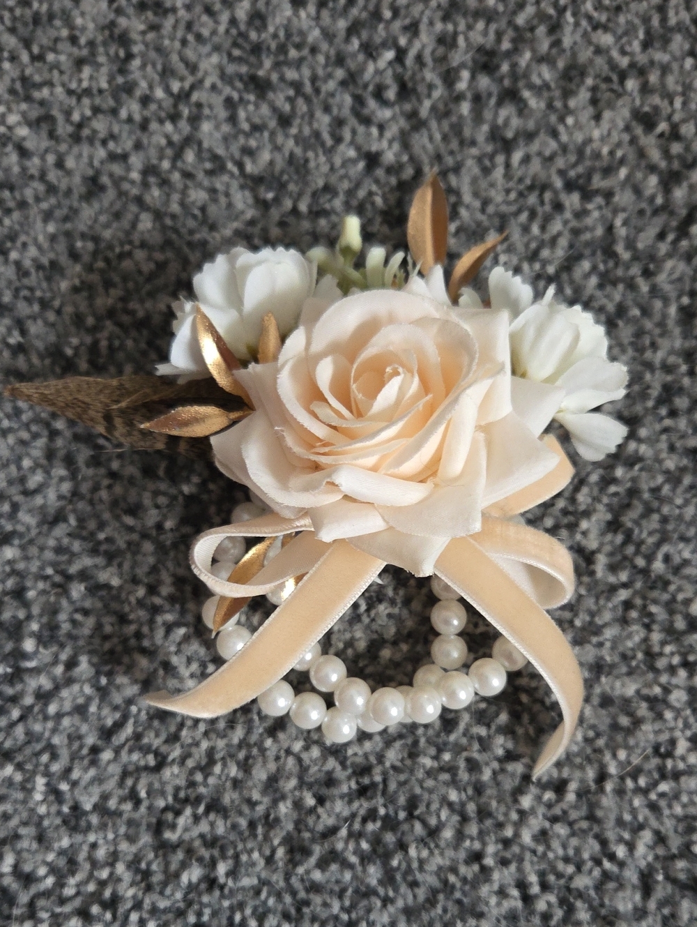 Tan Rose Pearl Wrist Corsage with Gold Accents
